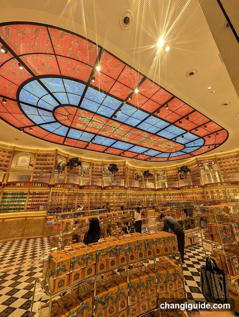 Interior of a luxury perfume shop with stained-glass ceiling