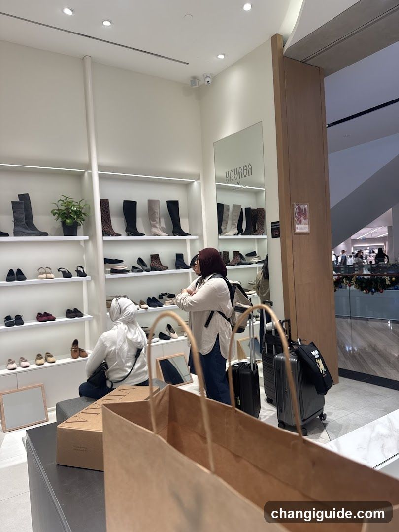 Shoe Store Interior with Shoppers and Luggage