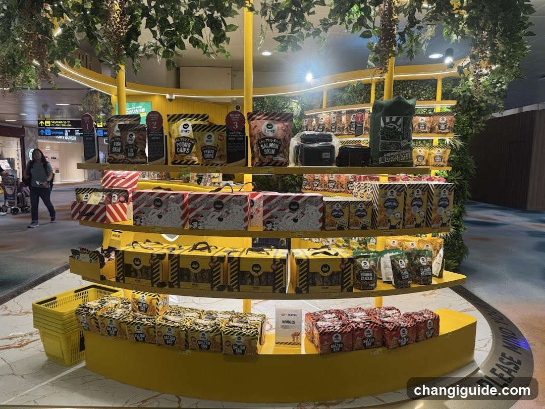 A vibrant yellow, multi-tiered display stand filled with various popcorn brands and snacks, surrounded by greenery.
