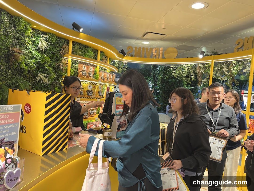 A customer wearing a blue jacket is paying at a yellow checkout counter with striped accents. Behind the counter, a staff member assists. Several other customers wait in line. The background features greenery walls and illuminated signage. A promotional sign mentions 'SGG60 MOTION' and discounts on snacks.