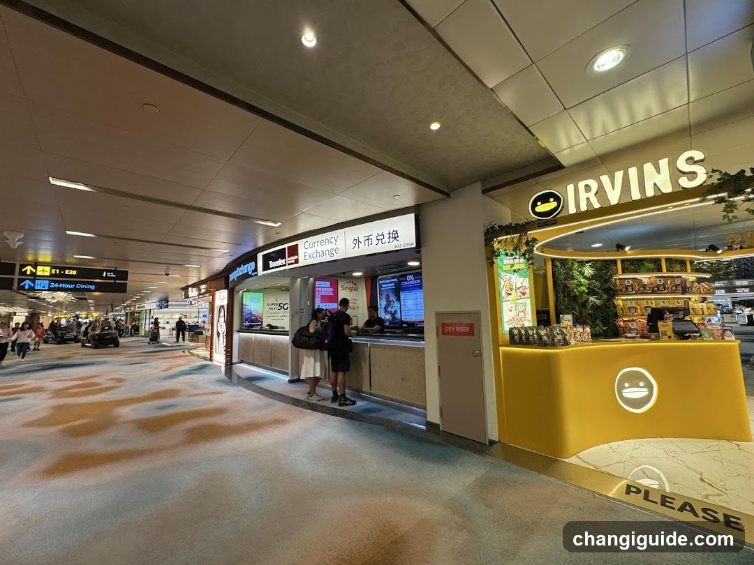 The image shows an airport terminal interior with a currency exchange booth and an Irvin's convenience store. The floor has a patterned carpet, and there are signs indicating directions to gates and other services. People are visible in the background, walking or waiting.