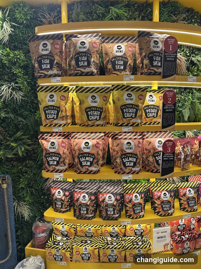 A brightly lit yellow shelving unit in a store displays multiple bags of Irvins salted egg snacks, including fish skin, potato chips, and salmon skin. The background features green foliage walls. A vertical sign lists three product categories with corresponding numbers.