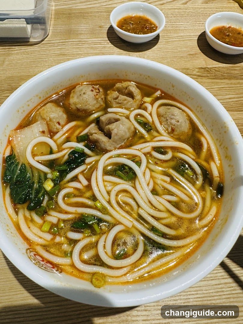 Bowl of Noodles with Meatballs and Vegetables