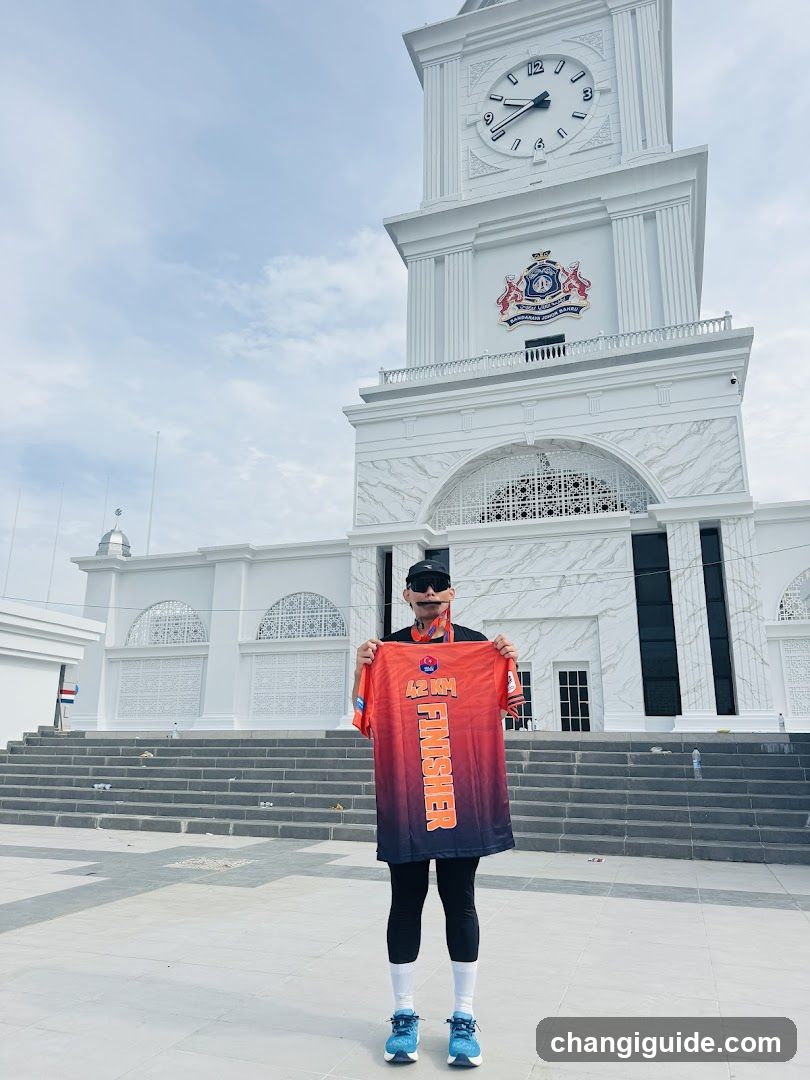Person holding football jersey in front of clock tower