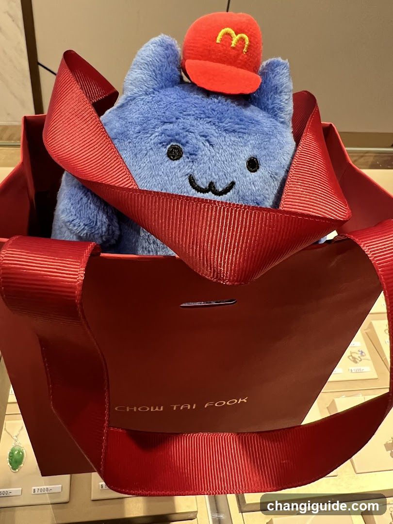 Blue plush toy in red bag
