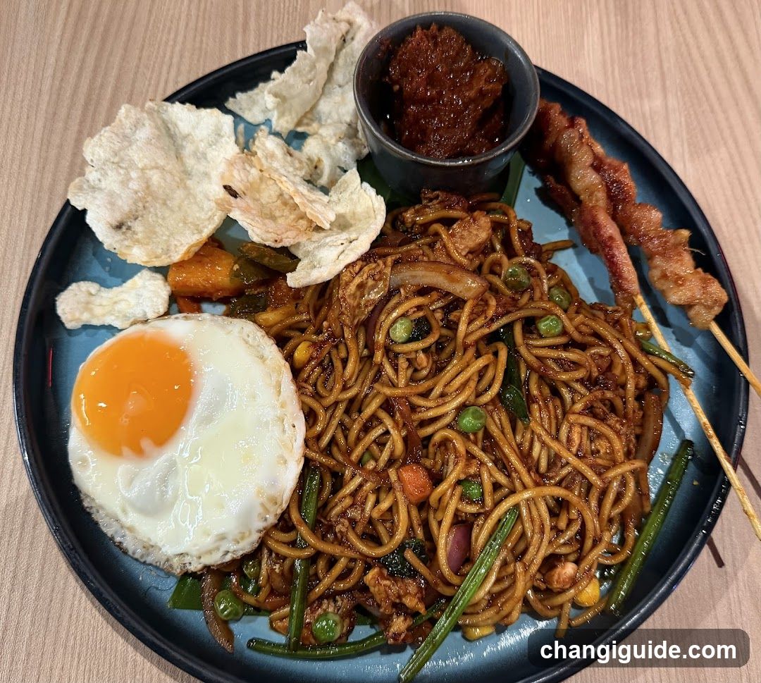 Noodle Plate with Fried Egg and Satay Skewers