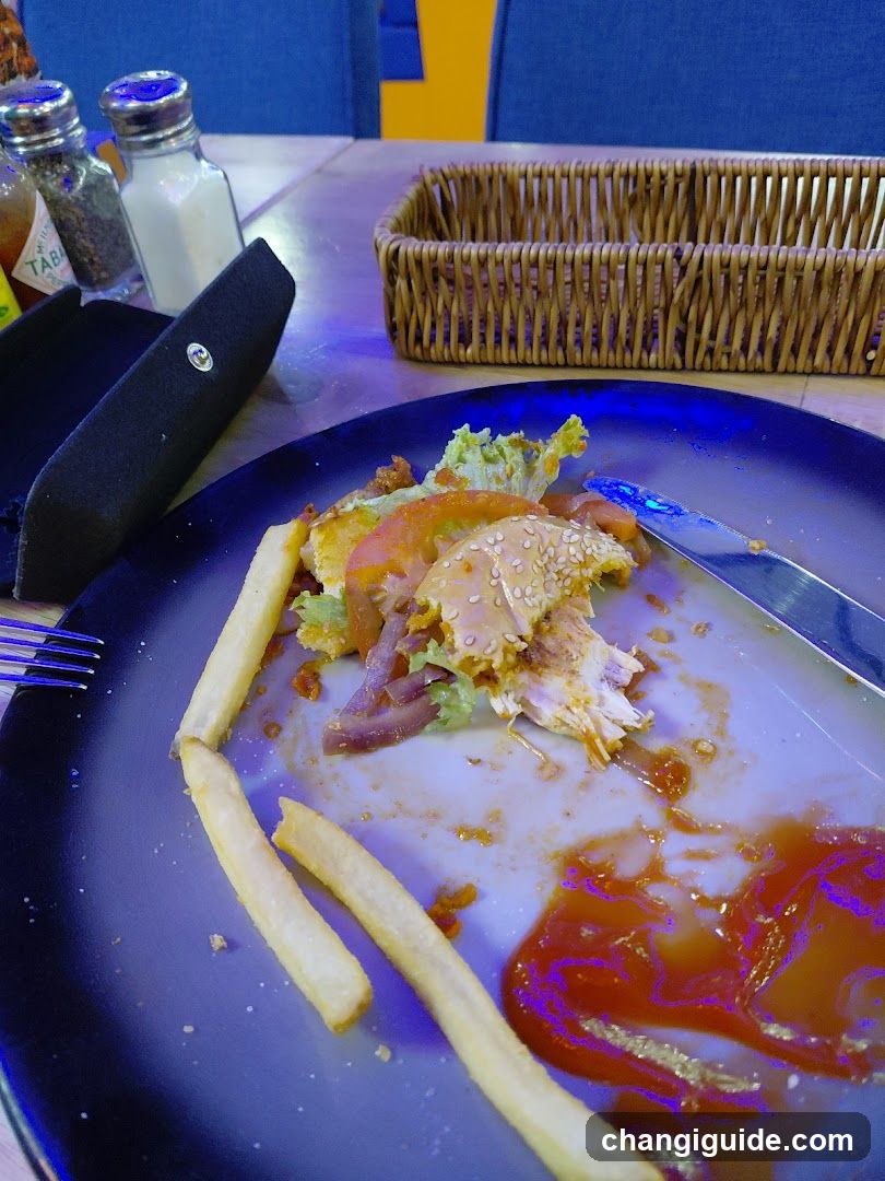 Half-eaten meal on a blue plate