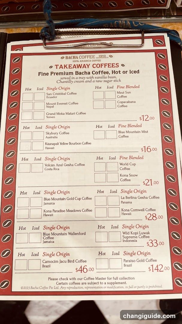 Bacha Coffee Takeaway Menu