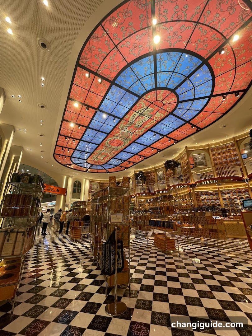 Interior of a decorative store with stained-glass ceiling