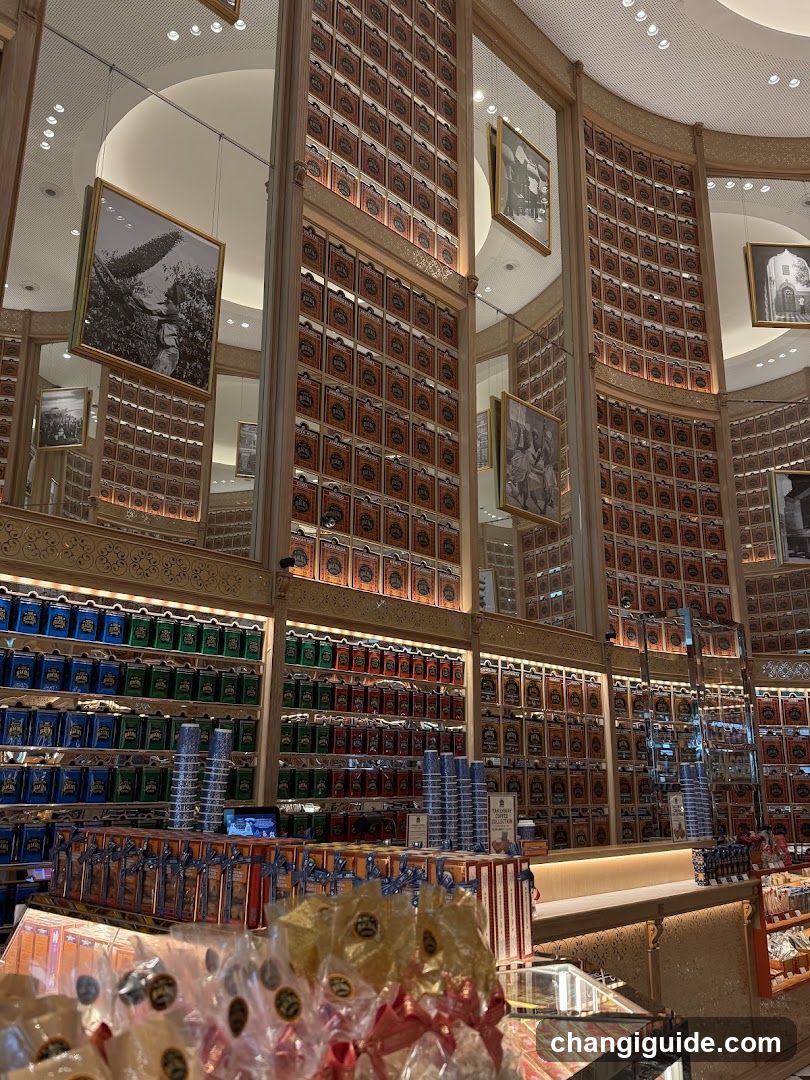 Interior of a traditional shop with wooden shelves and framed photos
