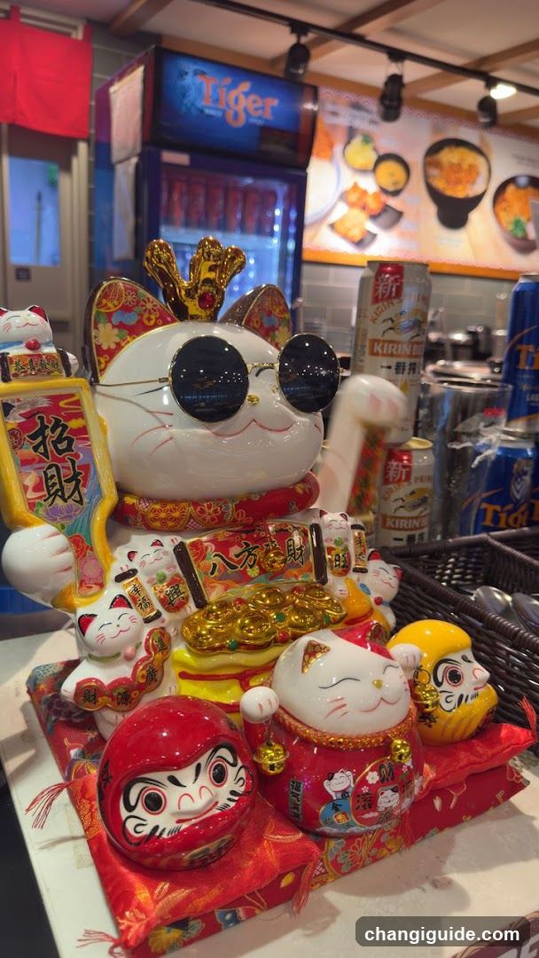 Lucky Cat Display with Daruma Dolls and Beer Cans