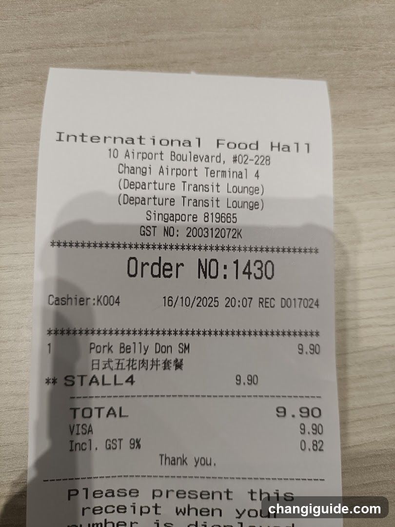 Receipt from Changi Airport Terminal 4 Food Hall