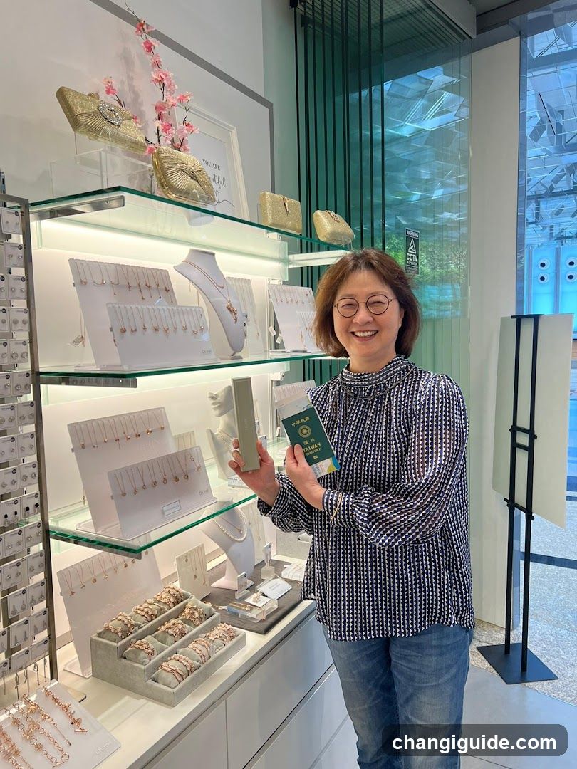 Woman holding passport in jewelry store