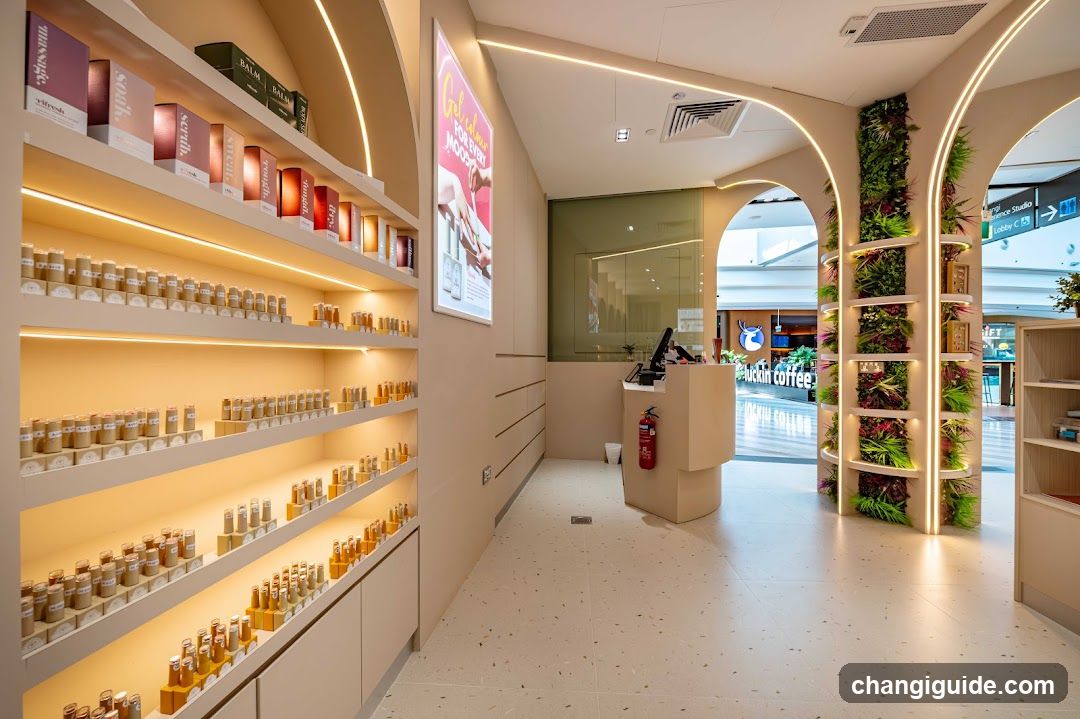 Interior of a modern retail store with product displays and entrance