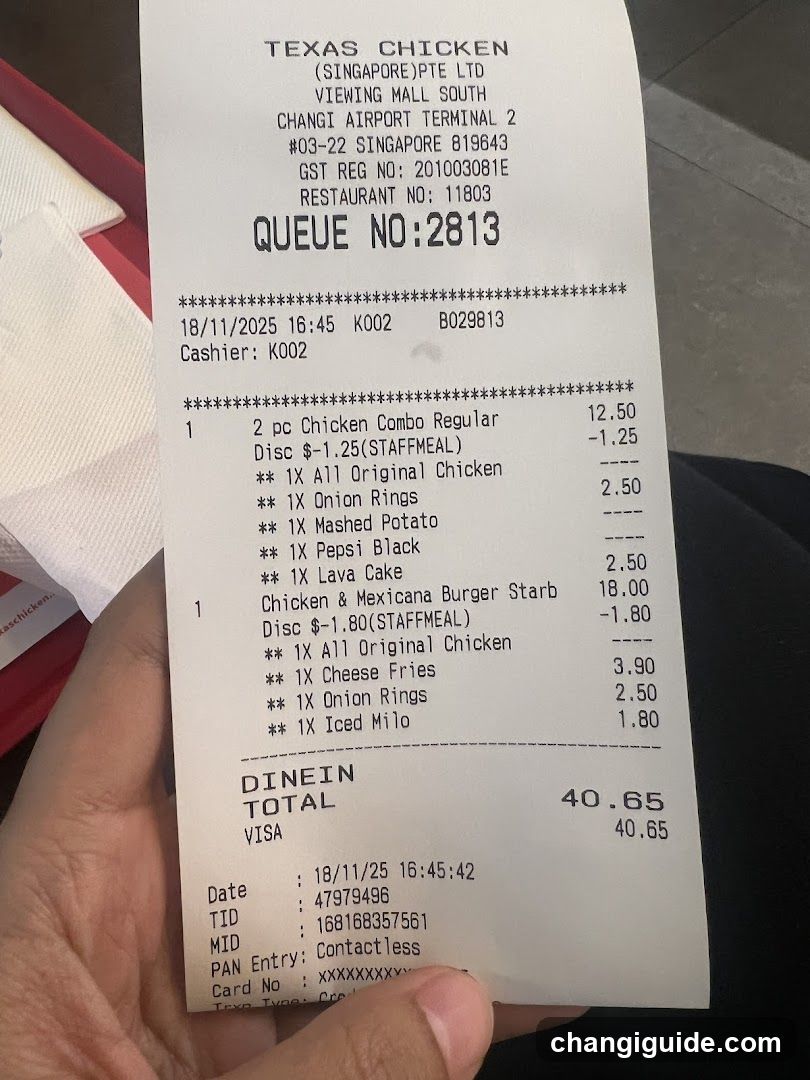 Receipt from Texas Chicken Changi Airport Terminal 2