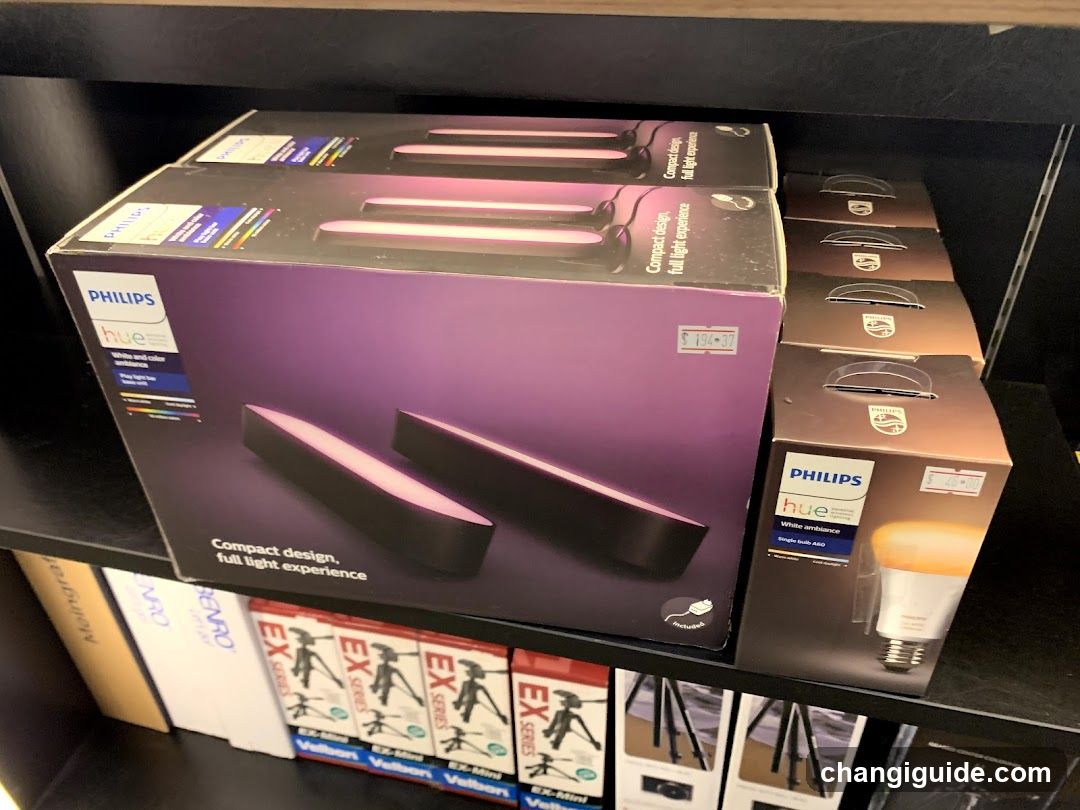 Philips Hue and other electronics on shelf