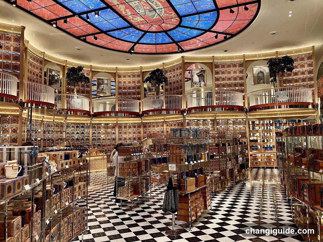Interior of a luxury shop with stained glass ceiling