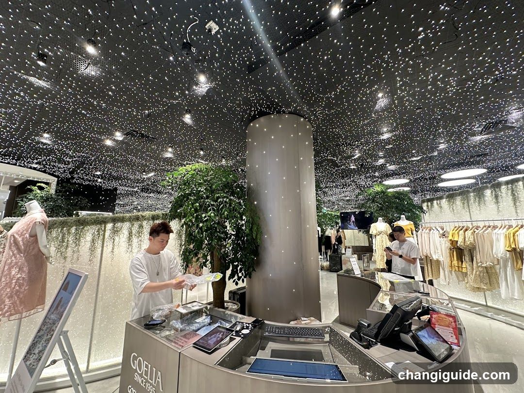 Interior of a clothing store with starry ceiling