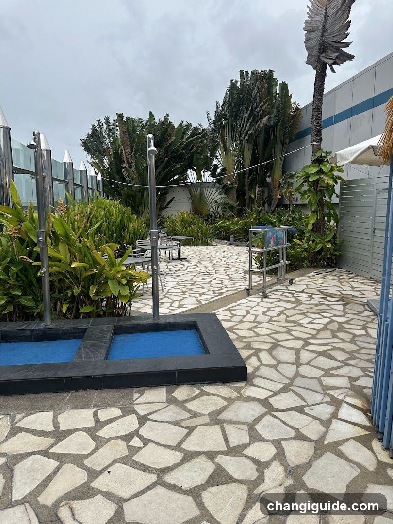 Outdoor Pool Area with Stone Paving and Greenery