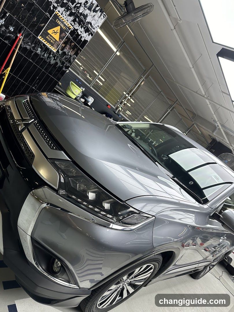 A gray SUV is parked inside a well-lit workshop or garage. The car's sleek design and shiny exterior are visible, with reflections on its surface. In the background, there is a wall with safety signs and equipment, including a yellow caution sign and a fan mounted on the ceiling. The environment suggests a professional automotive service or detailing shop.