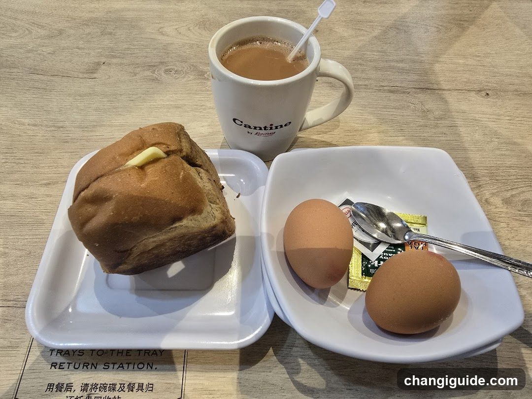Breakfast Meal with Bread, Eggs and Coffee