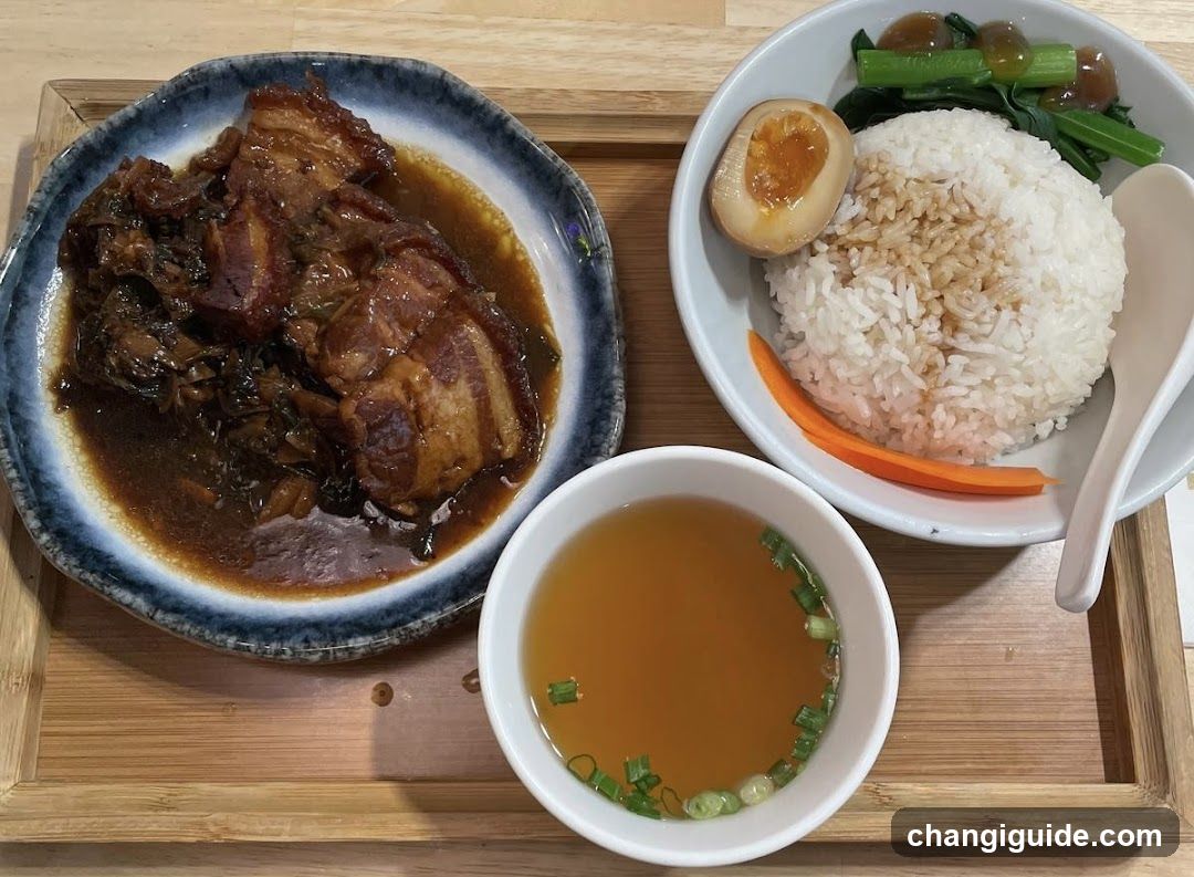 Lunch Tray with Braised Pork, Rice Bowl and Soup