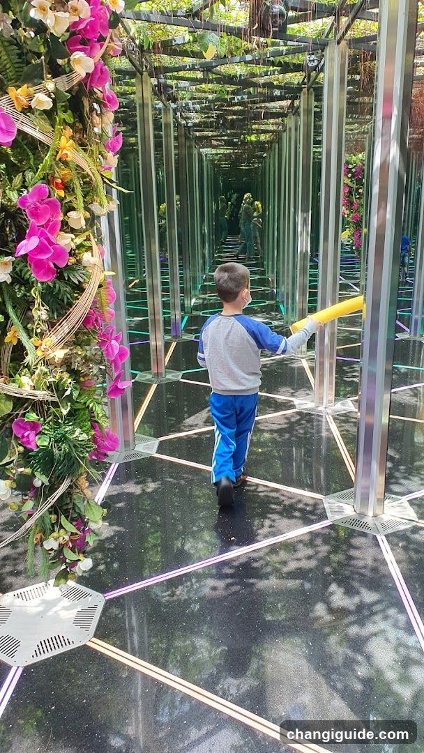 Child in a mirrored garden tunnel