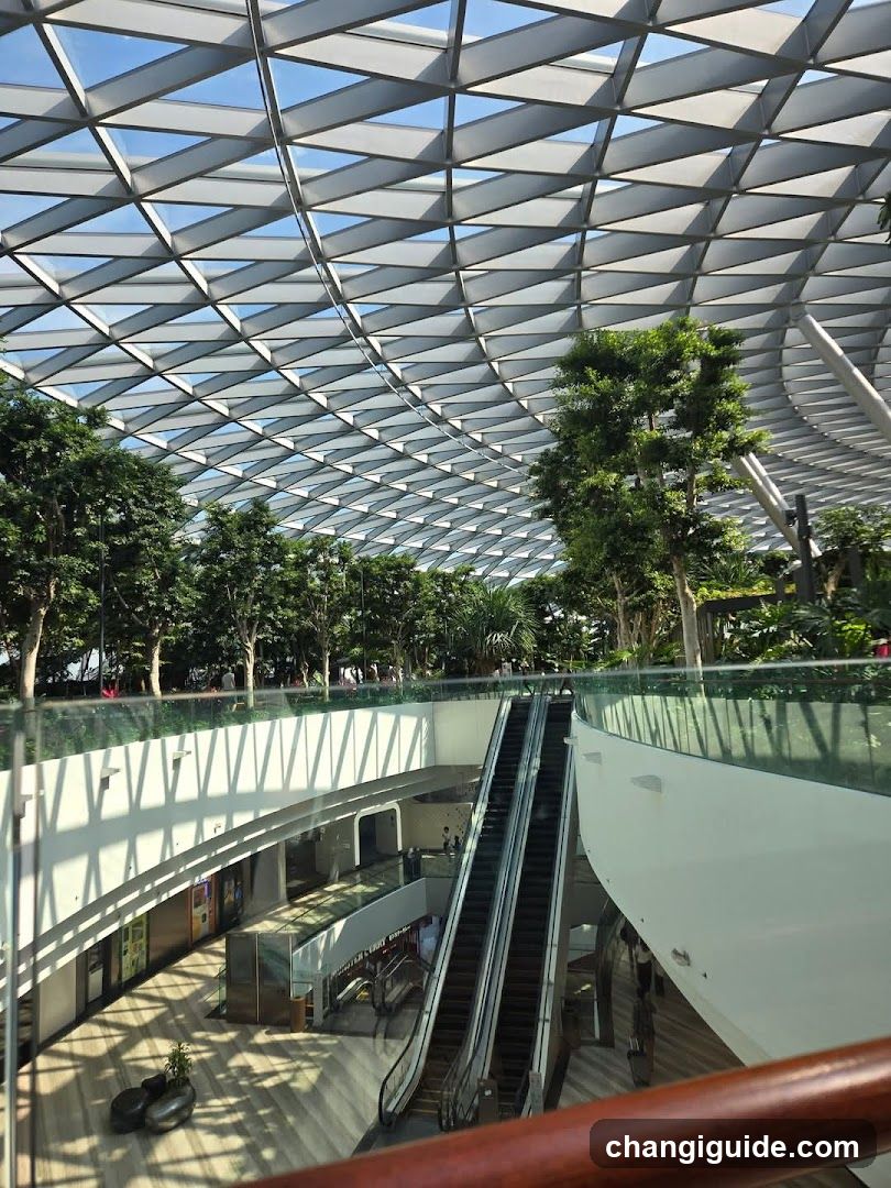Indoor atrium with escalator and greenery