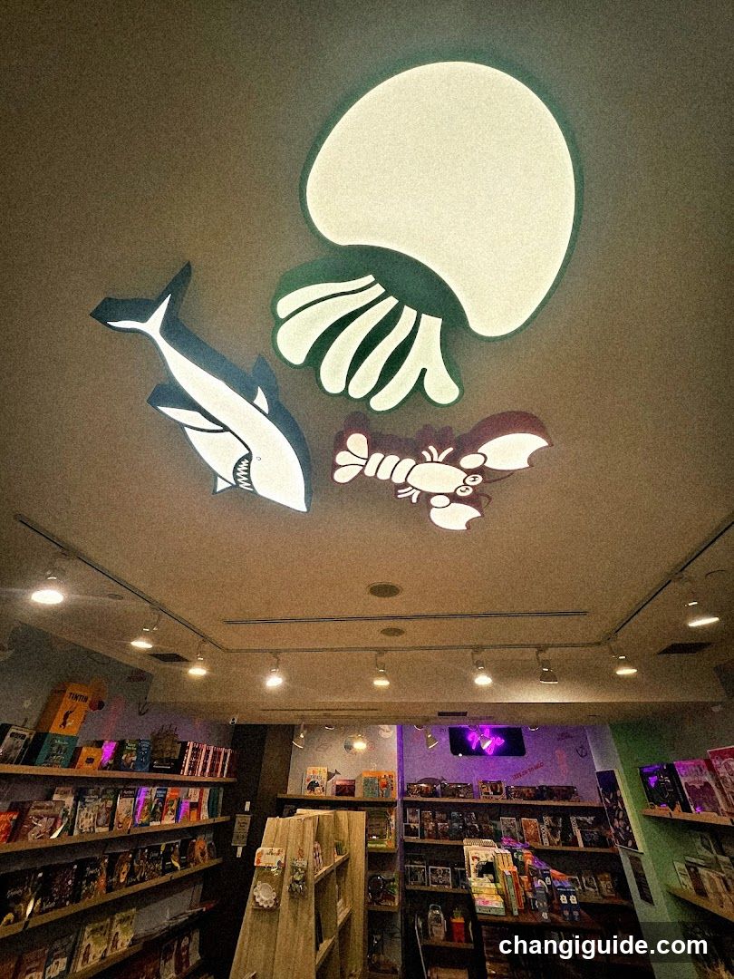 Interior of a bookstore or gift shop with ceiling art