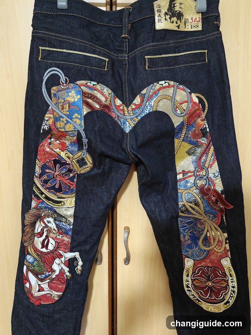Decorative Denim Jeans with Japanese Artwork