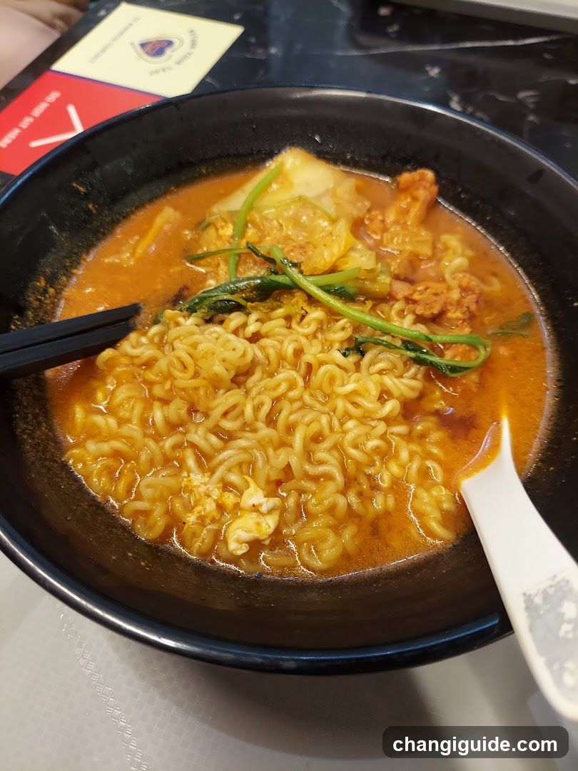 Bowl of Instant Noodles with Broth and Toppings