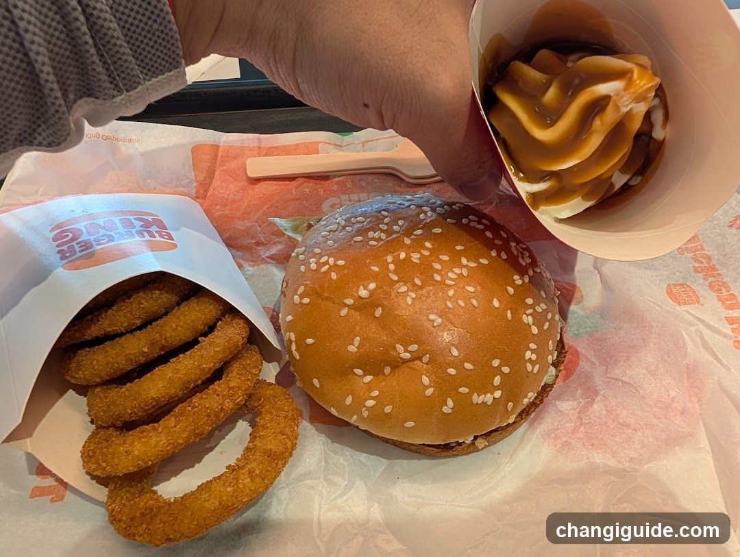Burger and Onion Rings with Caramel Sauce