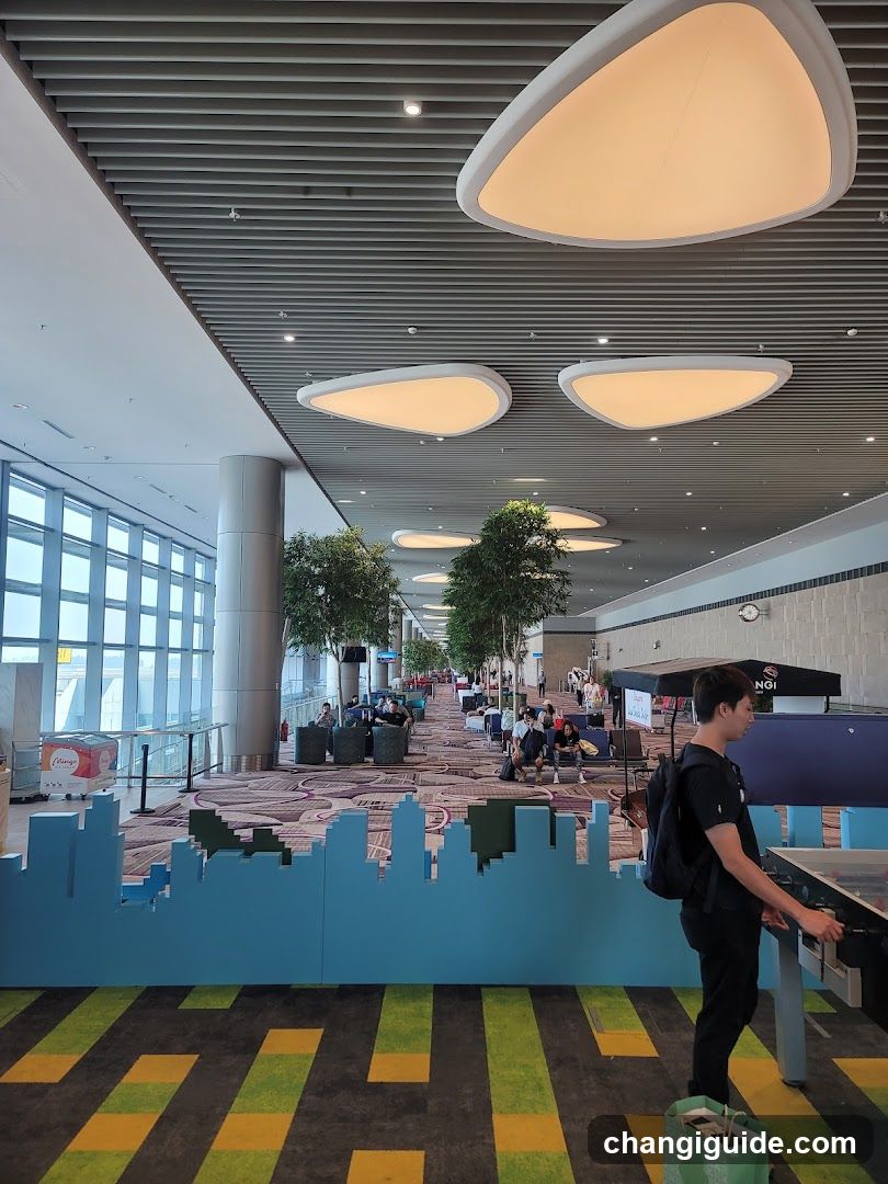 Airport Terminal Interior with Cityscape Display