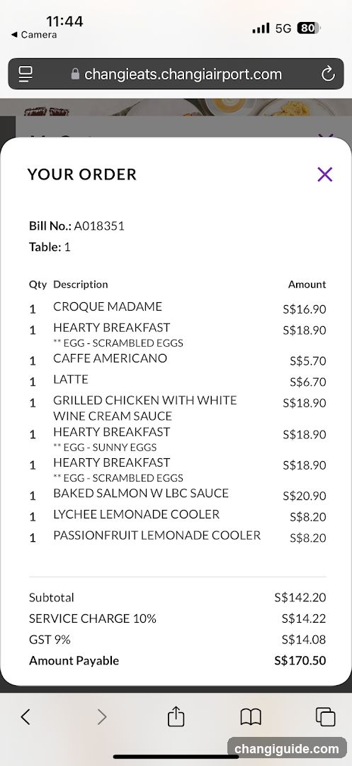 Changi Airport Food Order Receipt