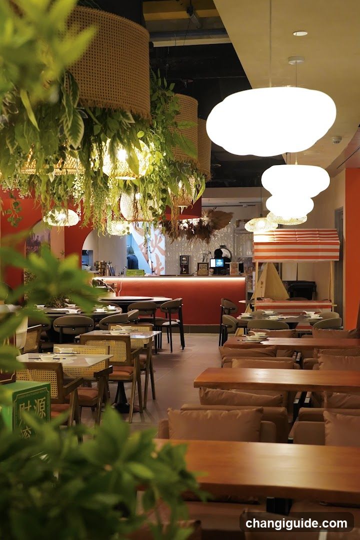 Restaurant Interior with Hanging Plants and Warm Lighting