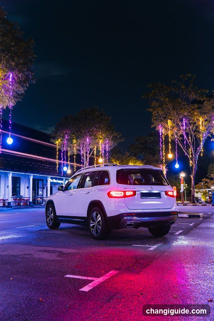 Night Street Scene with Decorated Trees and White SUV