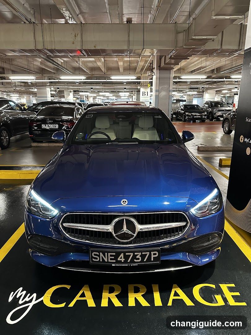 Blue Mercedes in Parking Garage