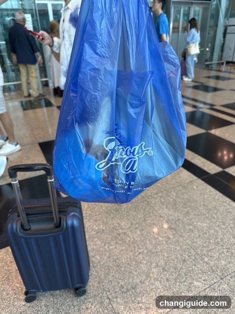 Blue plastic bag with logo and suitcase in public space