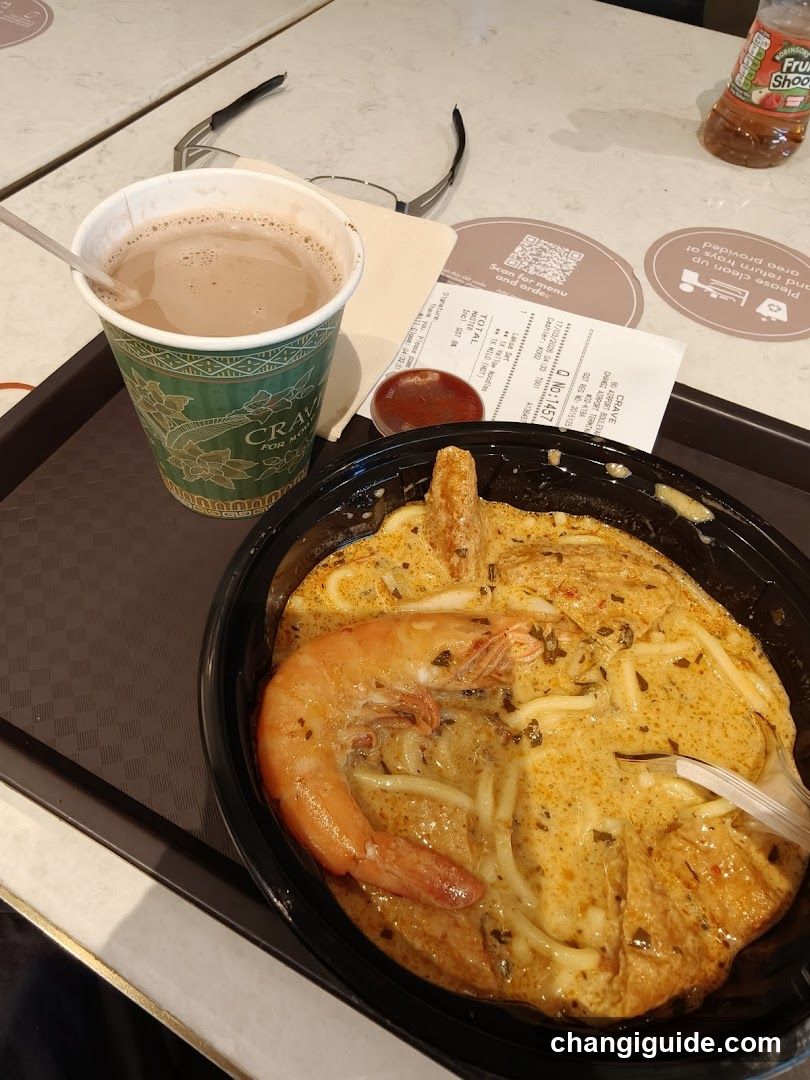 Food Tray with Curry Noodles and Drink