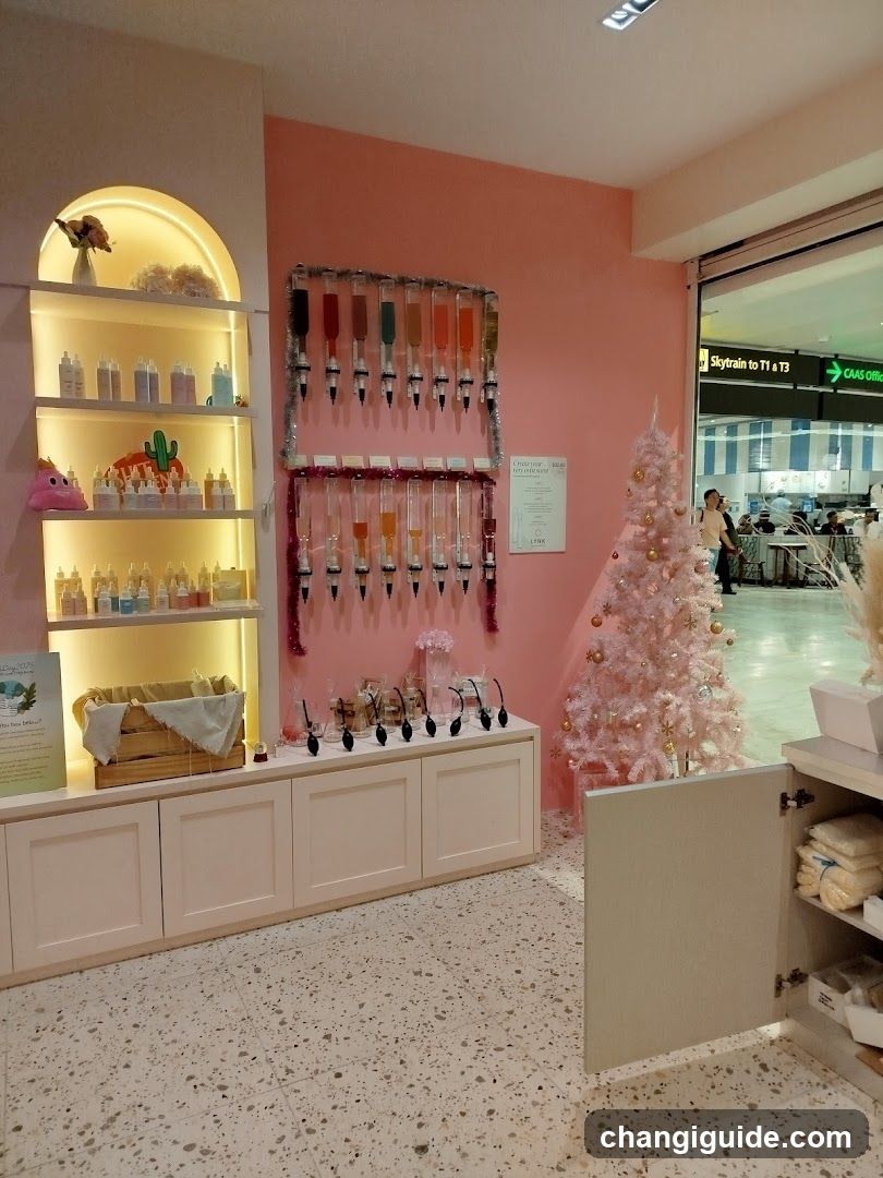 Pink-themed shop interior with product display and Christmas tree