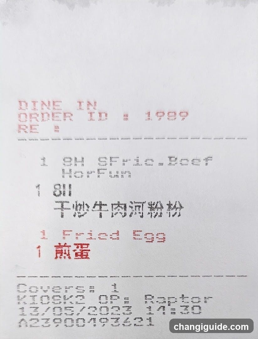 Receipt with Chinese Food Items