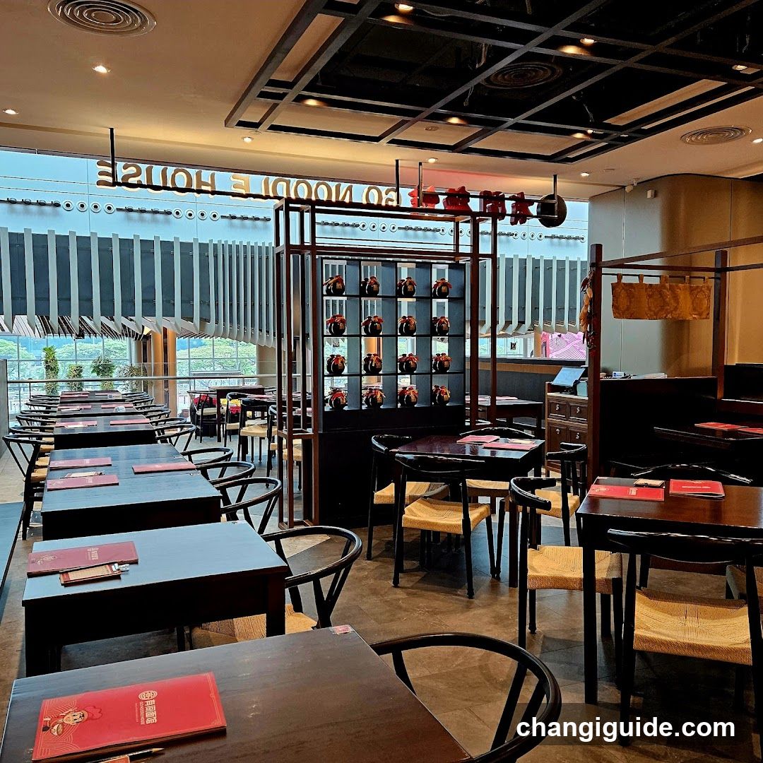 Restaurant Interior with Red Menus and Decorative Shelves