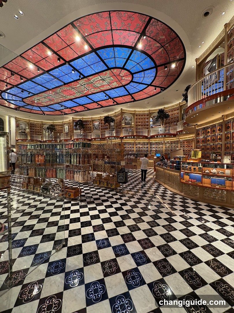 Interior of a luxury store with stained glass ceiling