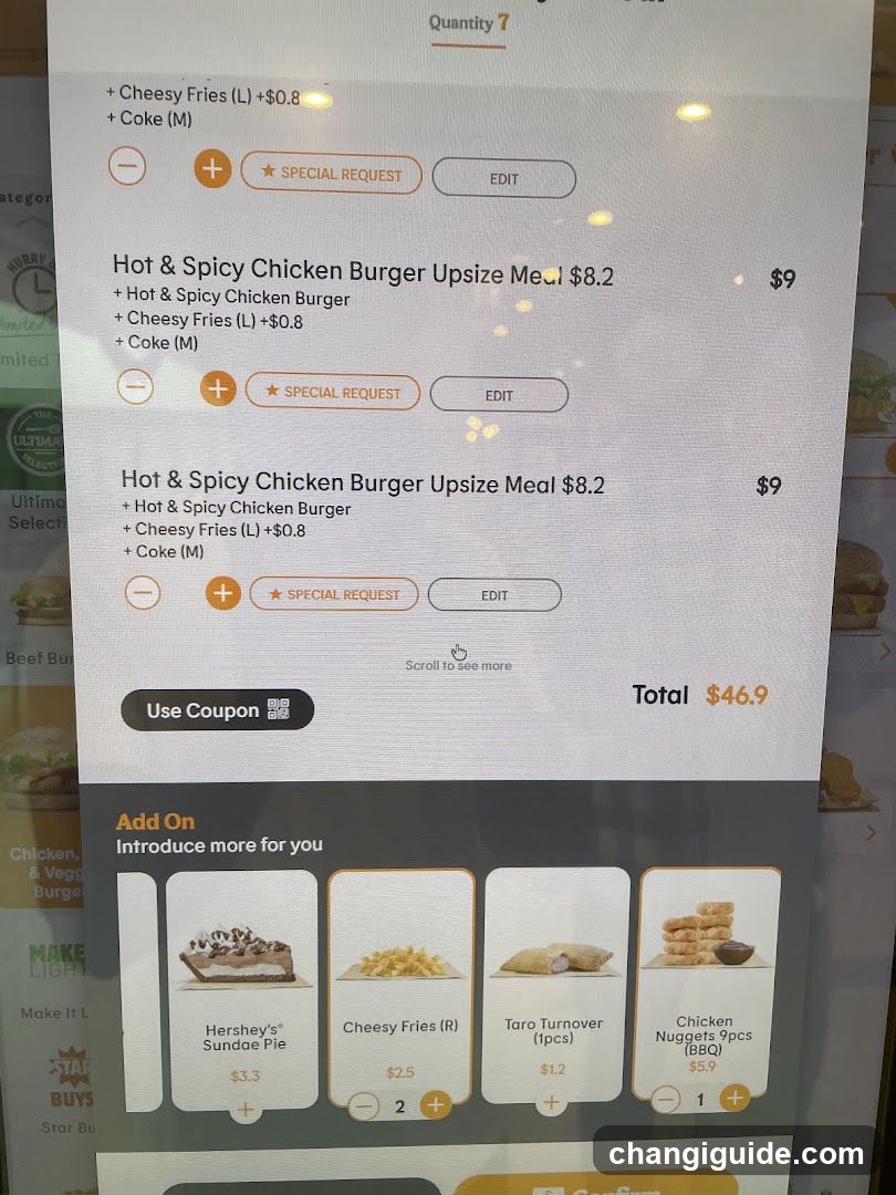 Food Ordering Screen with Upsized Meals and Add-Ons