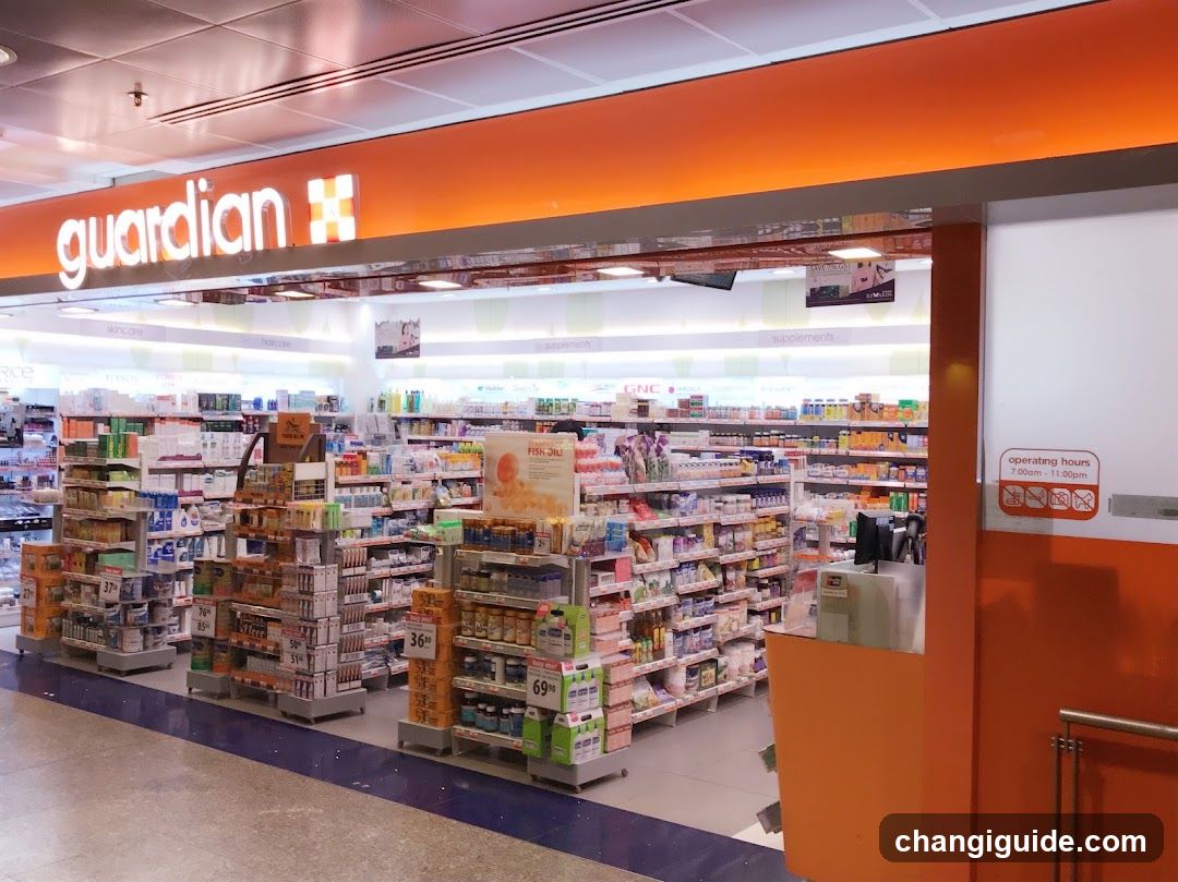 Interior view of a Guardian pharmacy with orange branding and signage visible above the entrance. Shelves stocked with health products, supplements, and personal care items. Operating hours sign on the right wall.