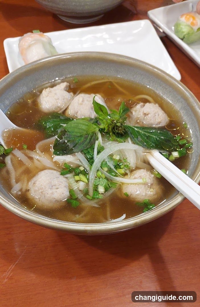 Bowl of Noodle Soup with Meatballs and Basil