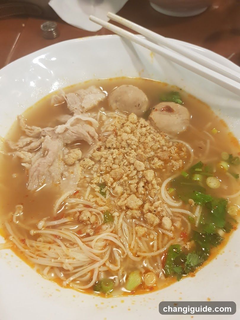 Bowl of Noodle Soup with Meatballs and Crispy Toppings