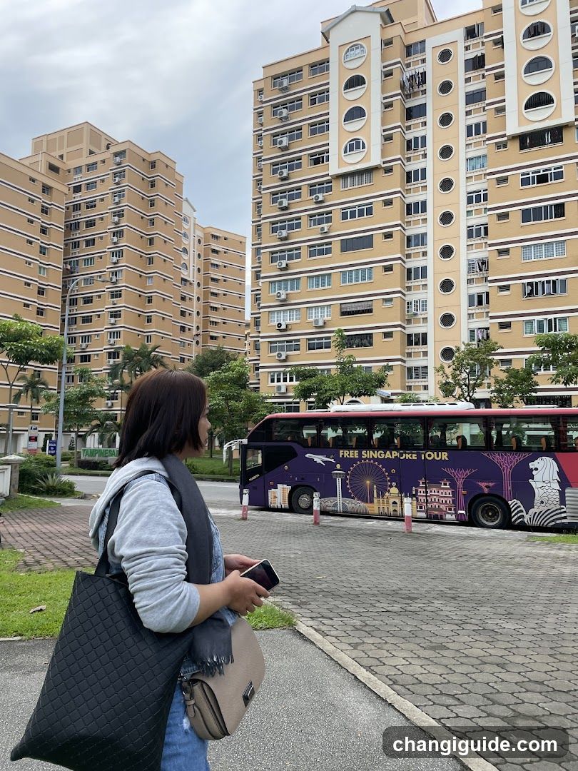 Woman with bag near tour bus in residential area