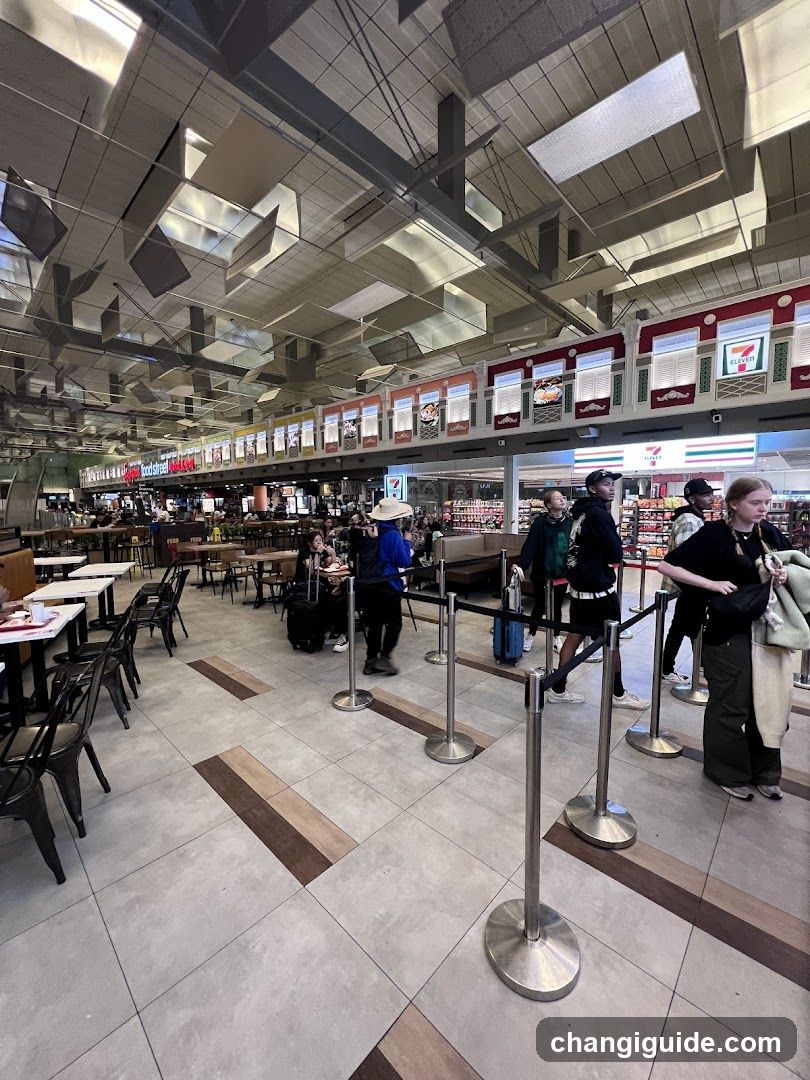 Airport Terminal Interior with Queuing Passengers and Food Court Area