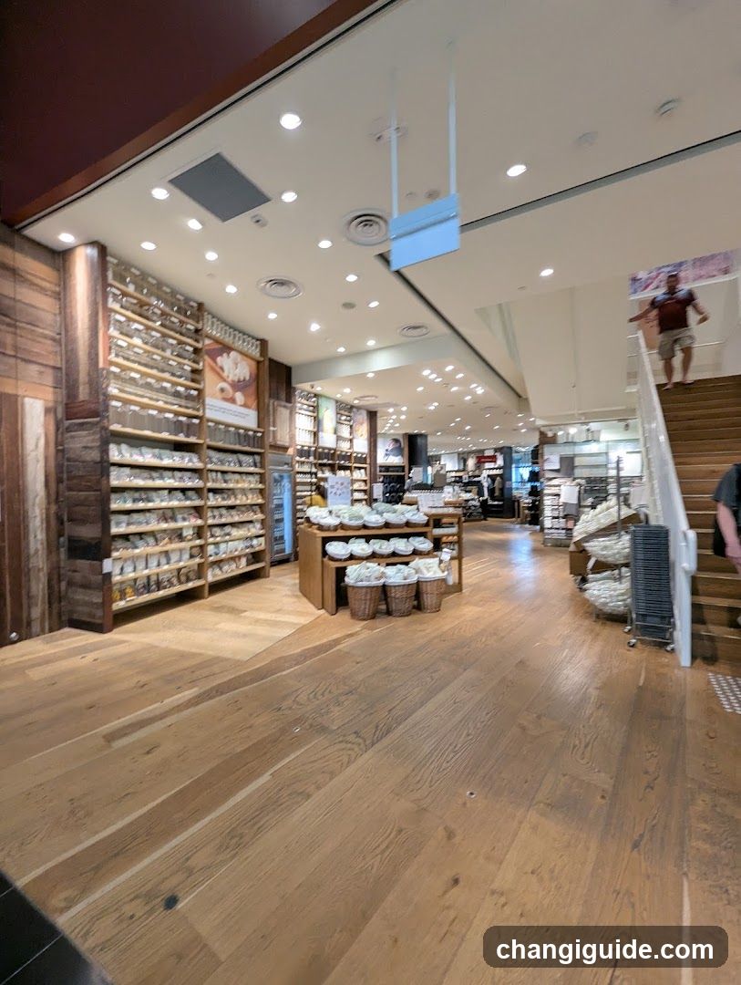 Interior of a well-lit store with wooden floors and shelves